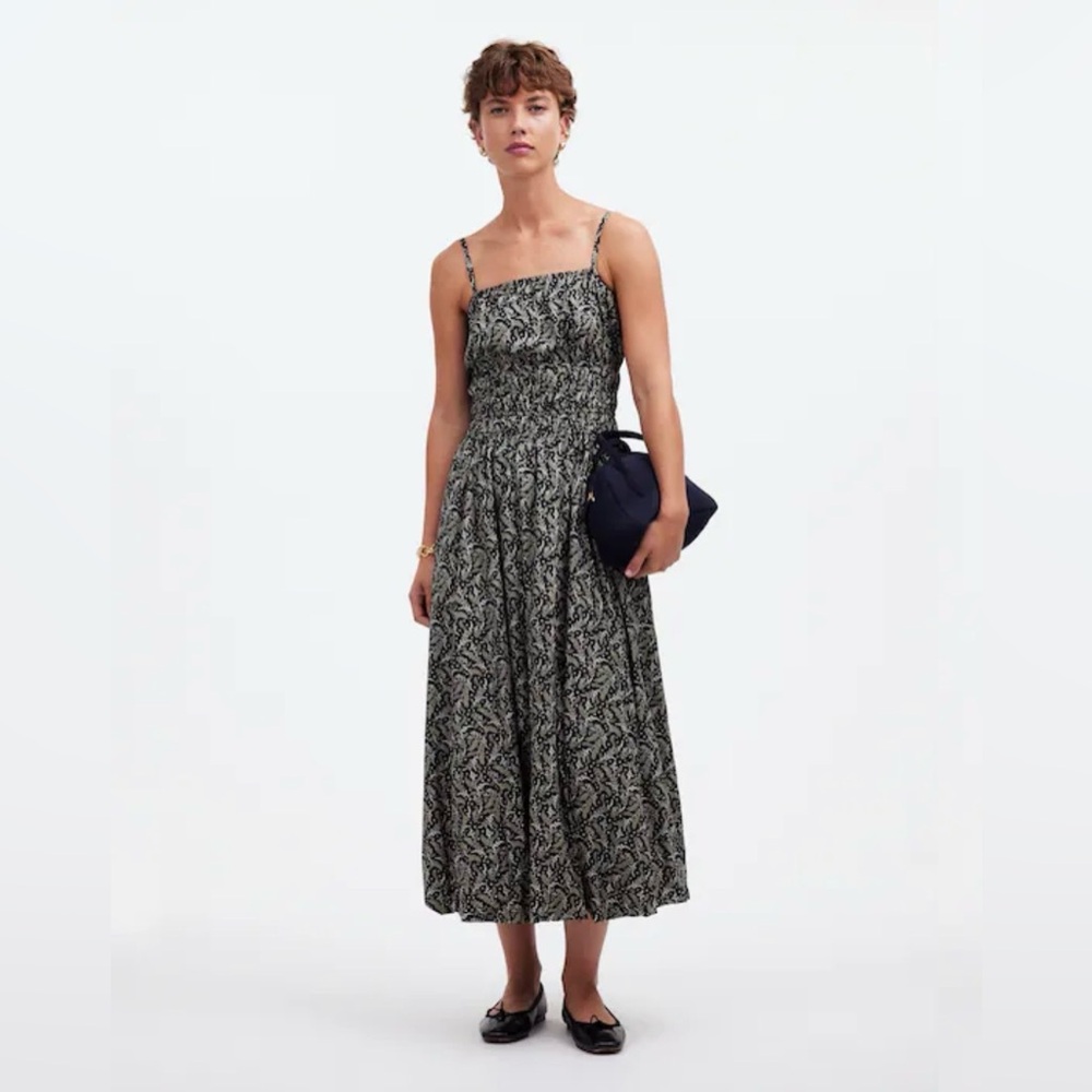 Madewell Black and Cream Smocked Midi Dress with Spaghetti Straps